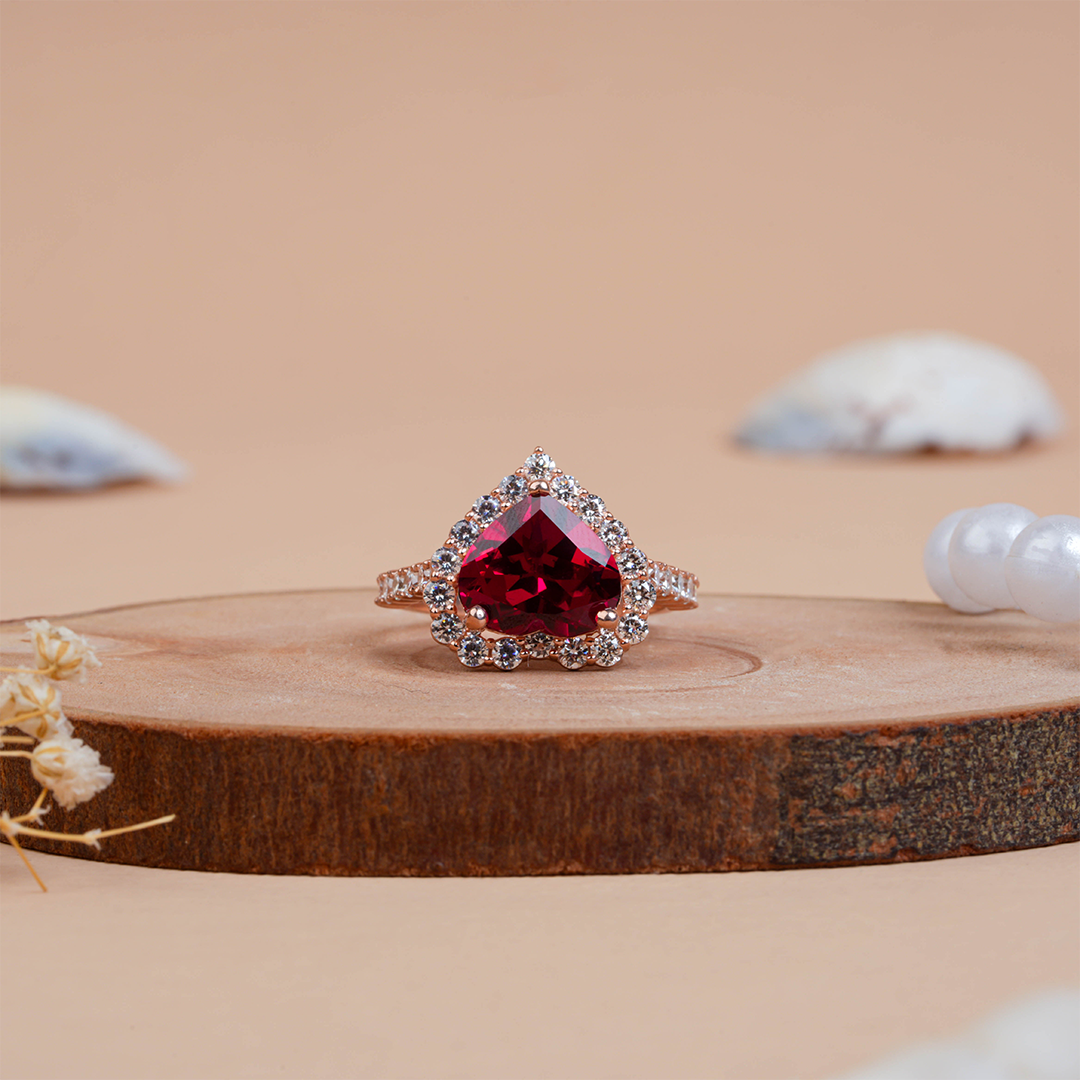 Heart Shape Garnet & Diamond Halo Engagement Ring