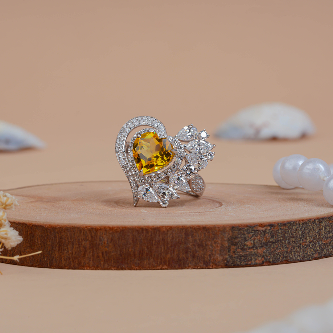 Floral Halo Heart-Shaped Yellow Gemstone Cocktail Ring