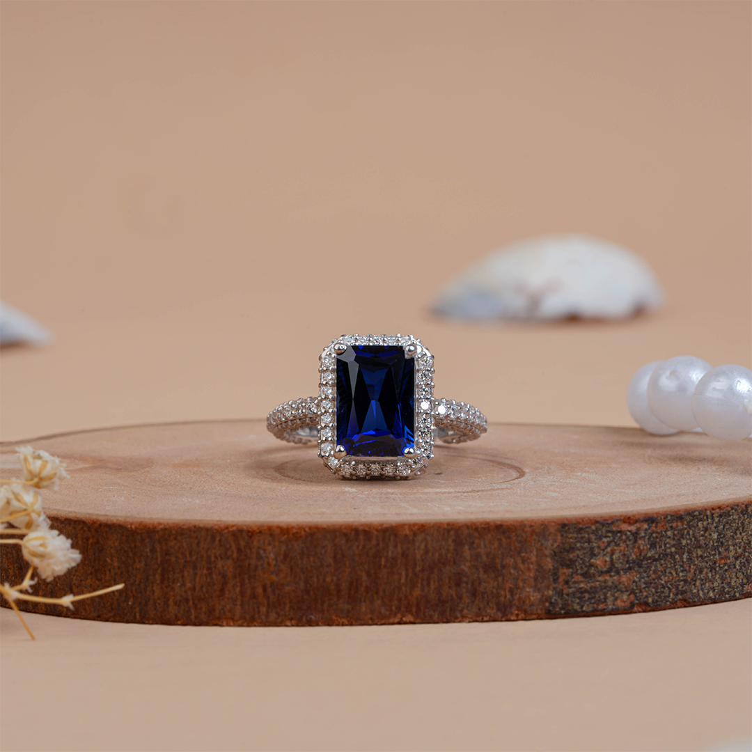 Vintage Radiant Cut Blue Sapphire Halo Diamond Engagement Ring