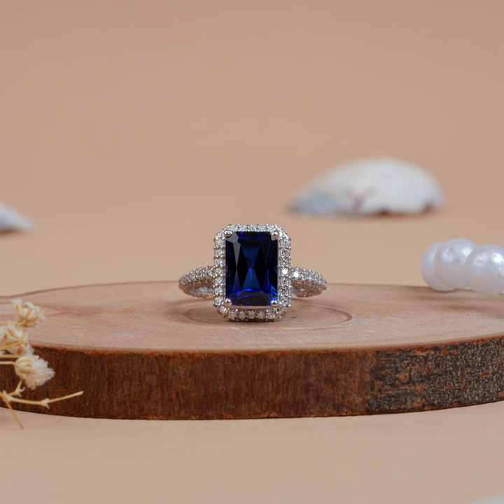 Vintage Radiant Cut Blue Sapphire Halo Diamond Engagement Ring