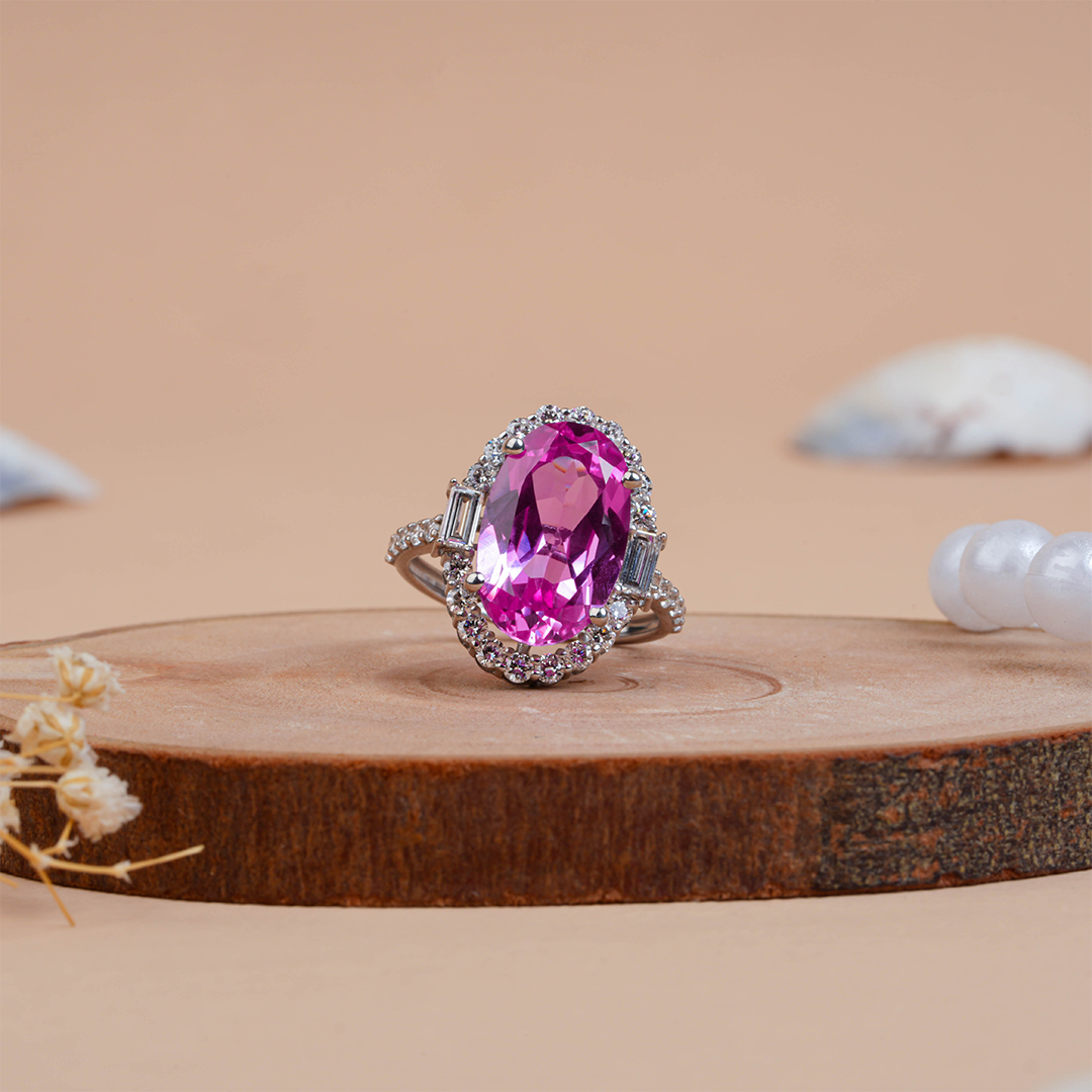 Vintage Pink Sapphire Oval Cut Halo Diamond  Engagement Ring