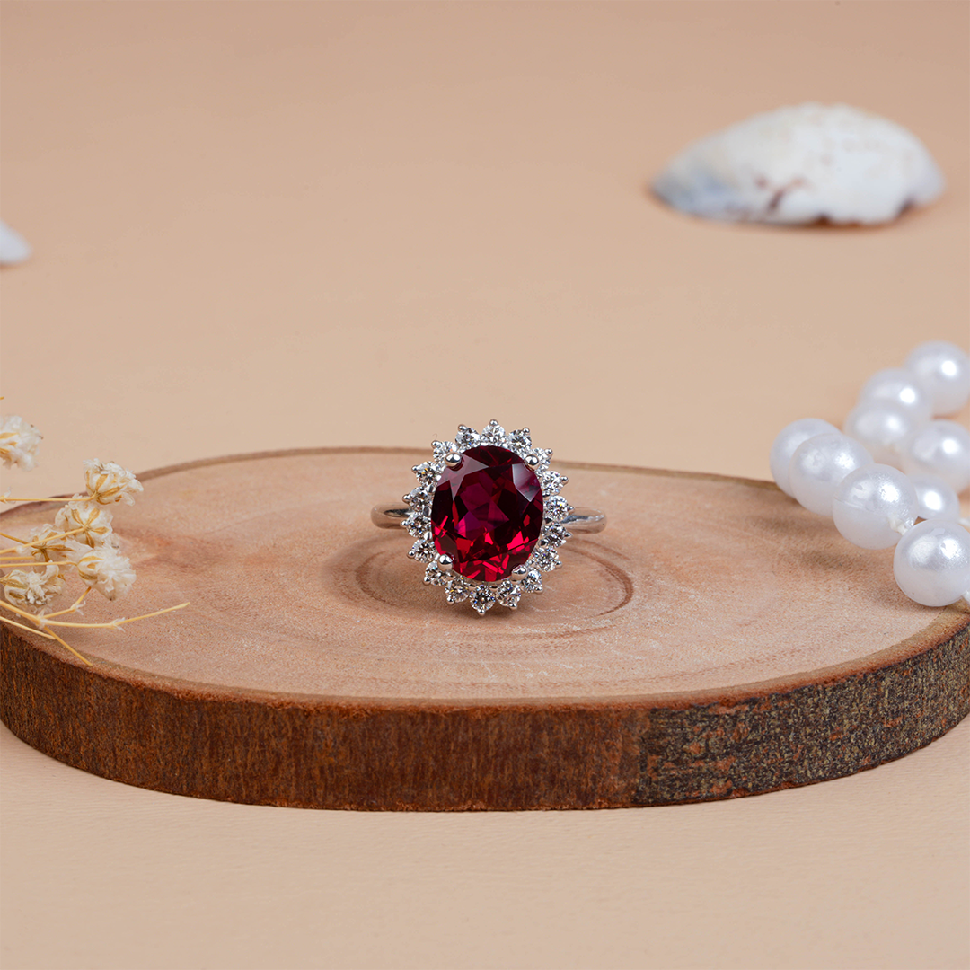 Oval Cut Lab Created Red Ruby Engagement Halo Ring