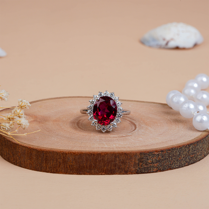 Oval Cut Lab Created Red Ruby Engagement Halo Ring