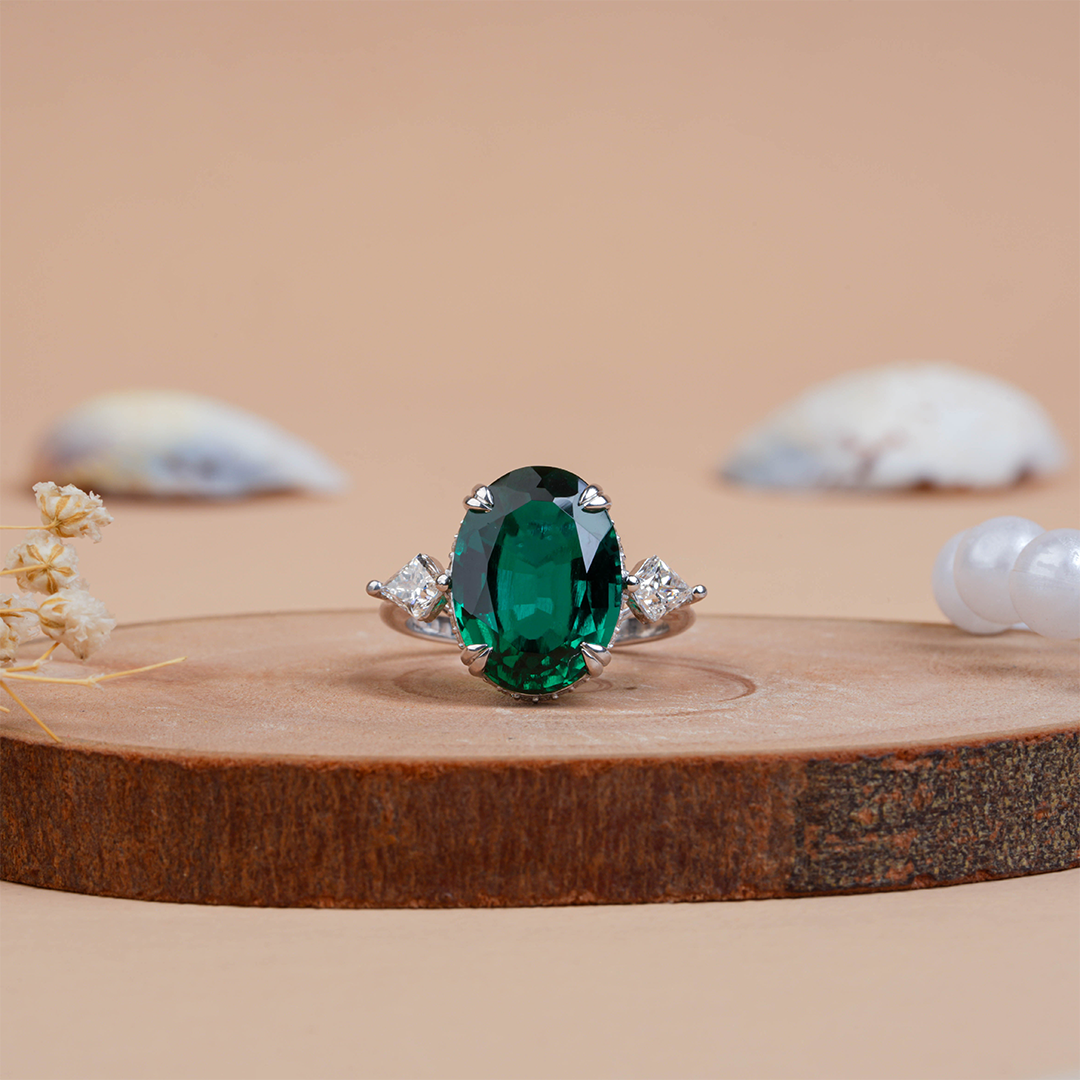 Oval & Kite Shape Emerald Hidden Halo Ring for Engagement