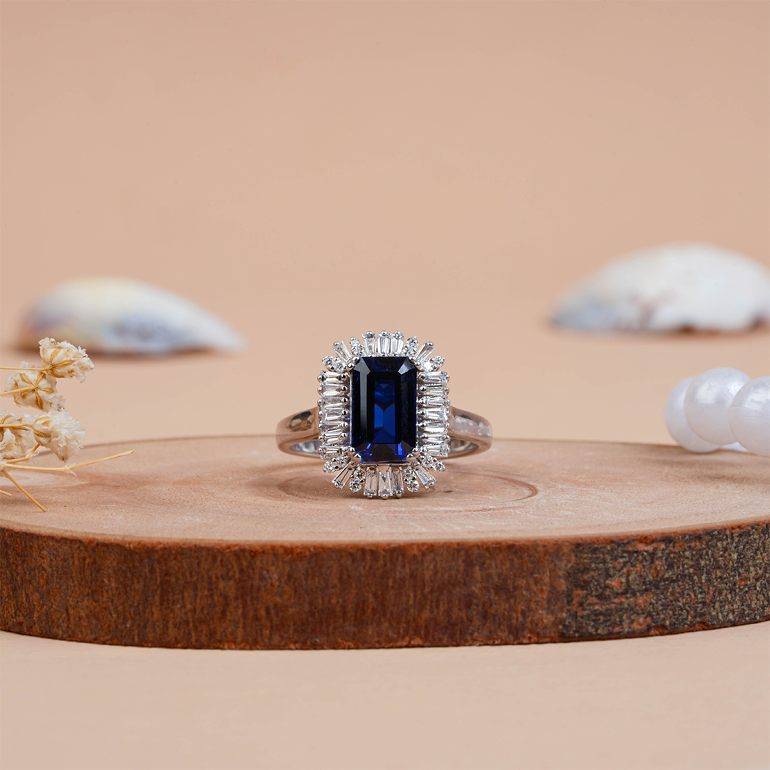 Emerald Cut blue sapphire Halo Diamond engagement Ring