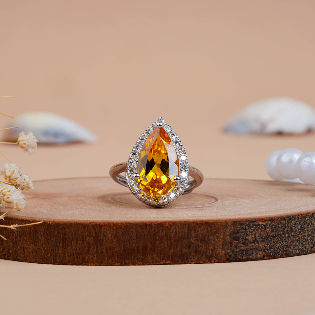 Citrine Pear Cut Halo Diamond Engagement Ring