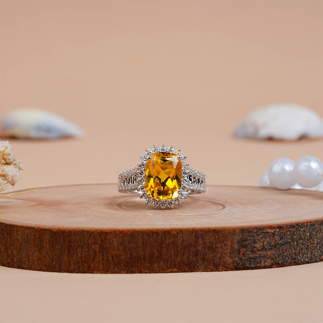 Cushion-cut Citrine and Halo Diamond Engagement