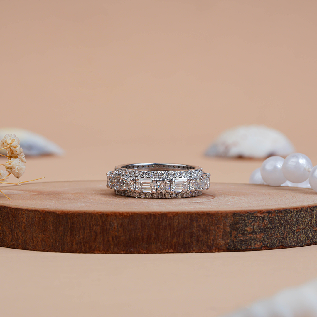 Round & Emerald Cut Diamond Wedding Band for Women