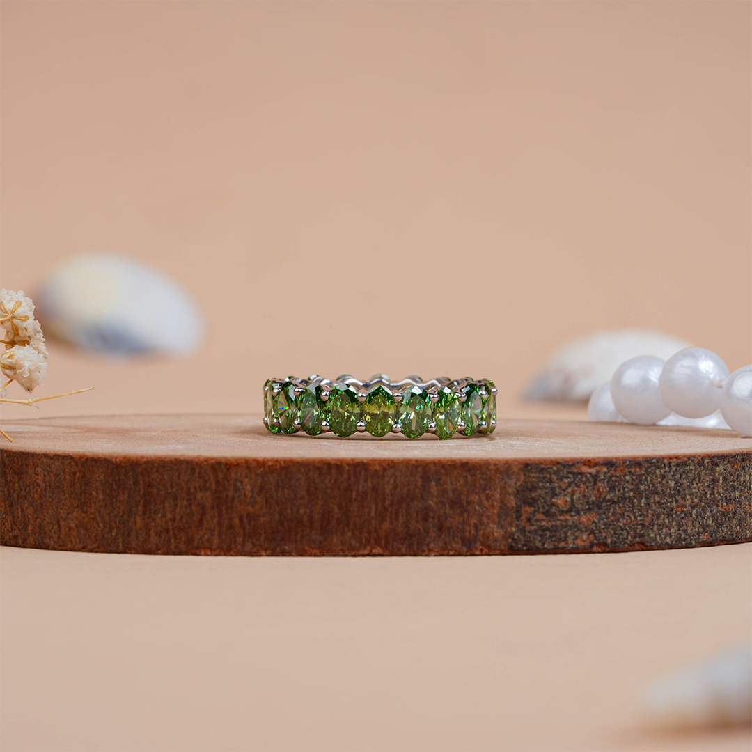 Oval Cut Peridot Full Eternity Wedding Band Ring