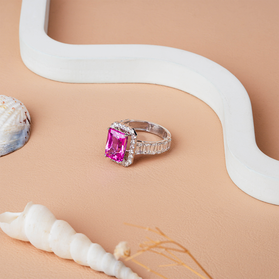 Radiant Pink Sapphire Emerald Cut Engagement Ring