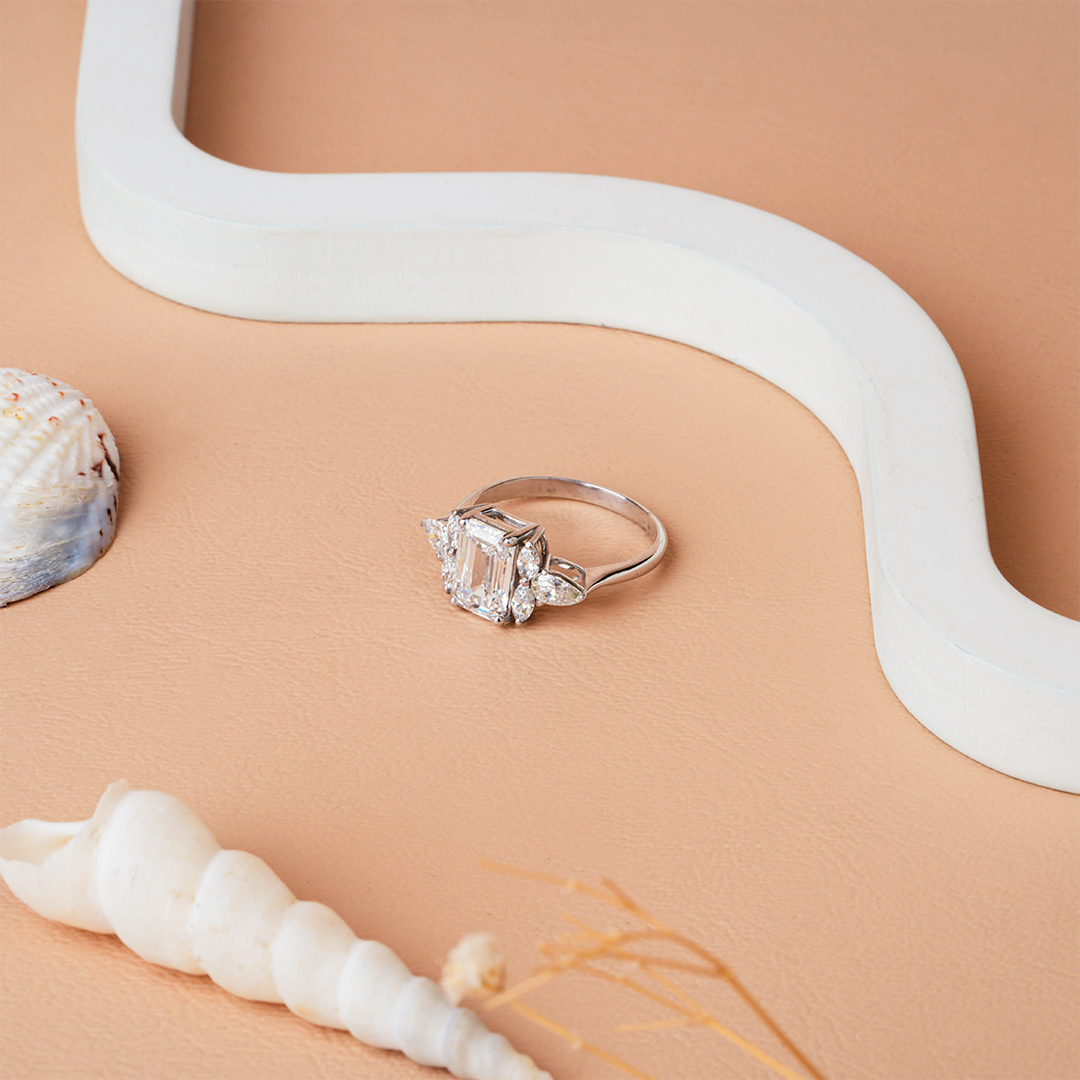 Vintage Emerald-Cut Diamond Trio Engagement Ring