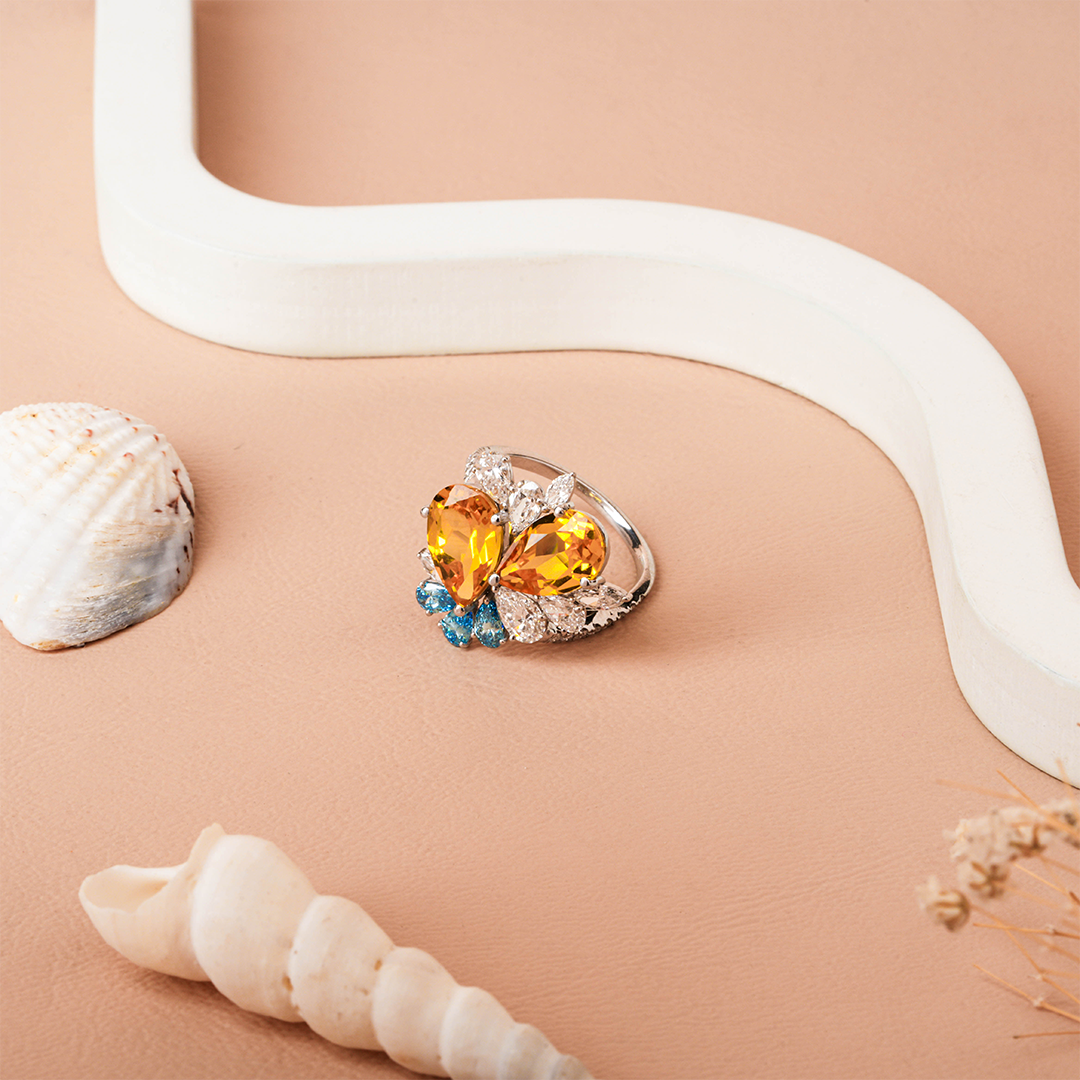 Dual Pear-Cut Citrine Diamond Cocktail Ring for Her