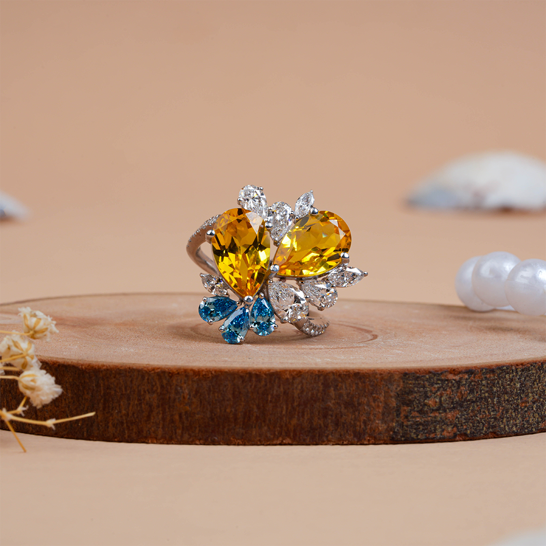 Dual Pear-Cut Citrine Diamond Cocktail Ring for Her