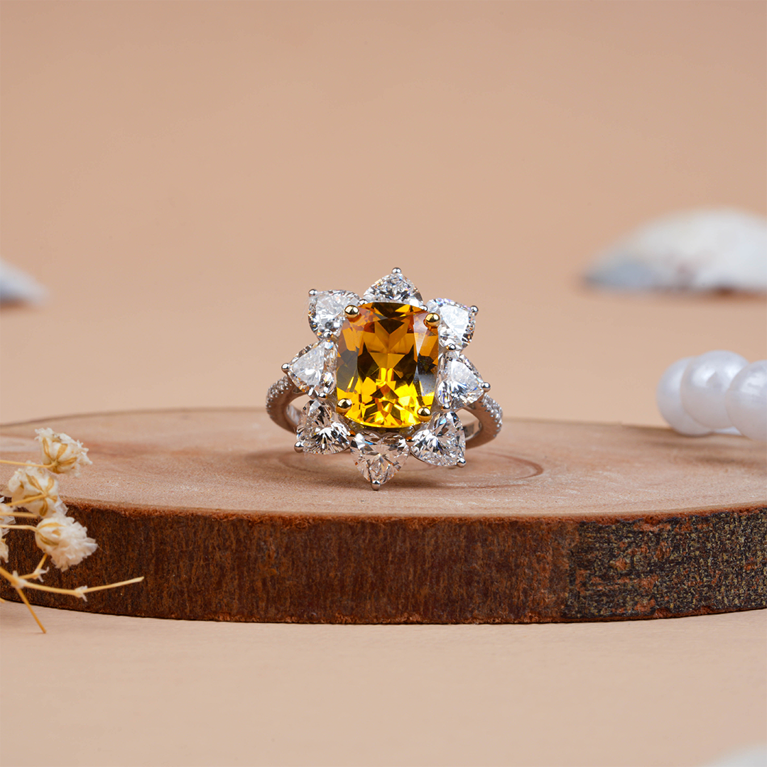 Natural Citrine Cushion Cut Diamond Halo Statement Ring