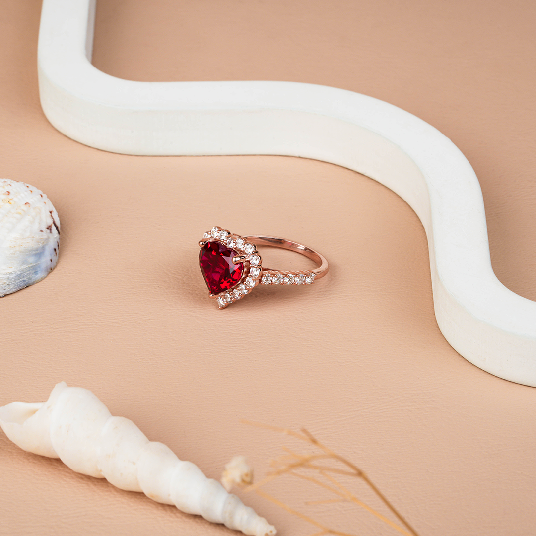 Heart Shape Garnet & Diamond Halo Engagement Ring