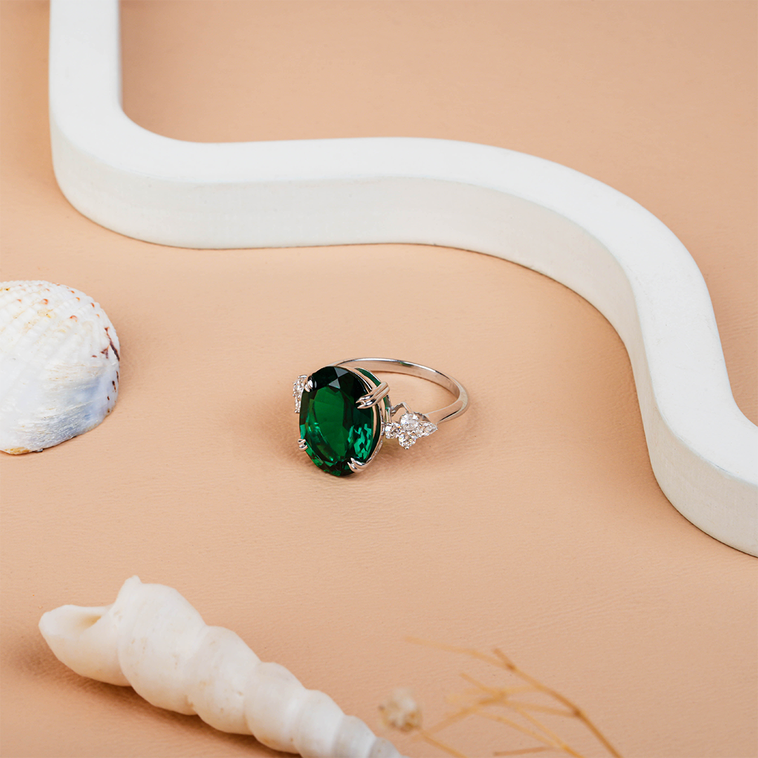 Oval Cut Lab Created Emerald Diamond Ring For Engagement