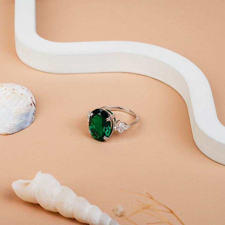 Oval Cut Lab Created Emerald Diamond Ring For Engagement