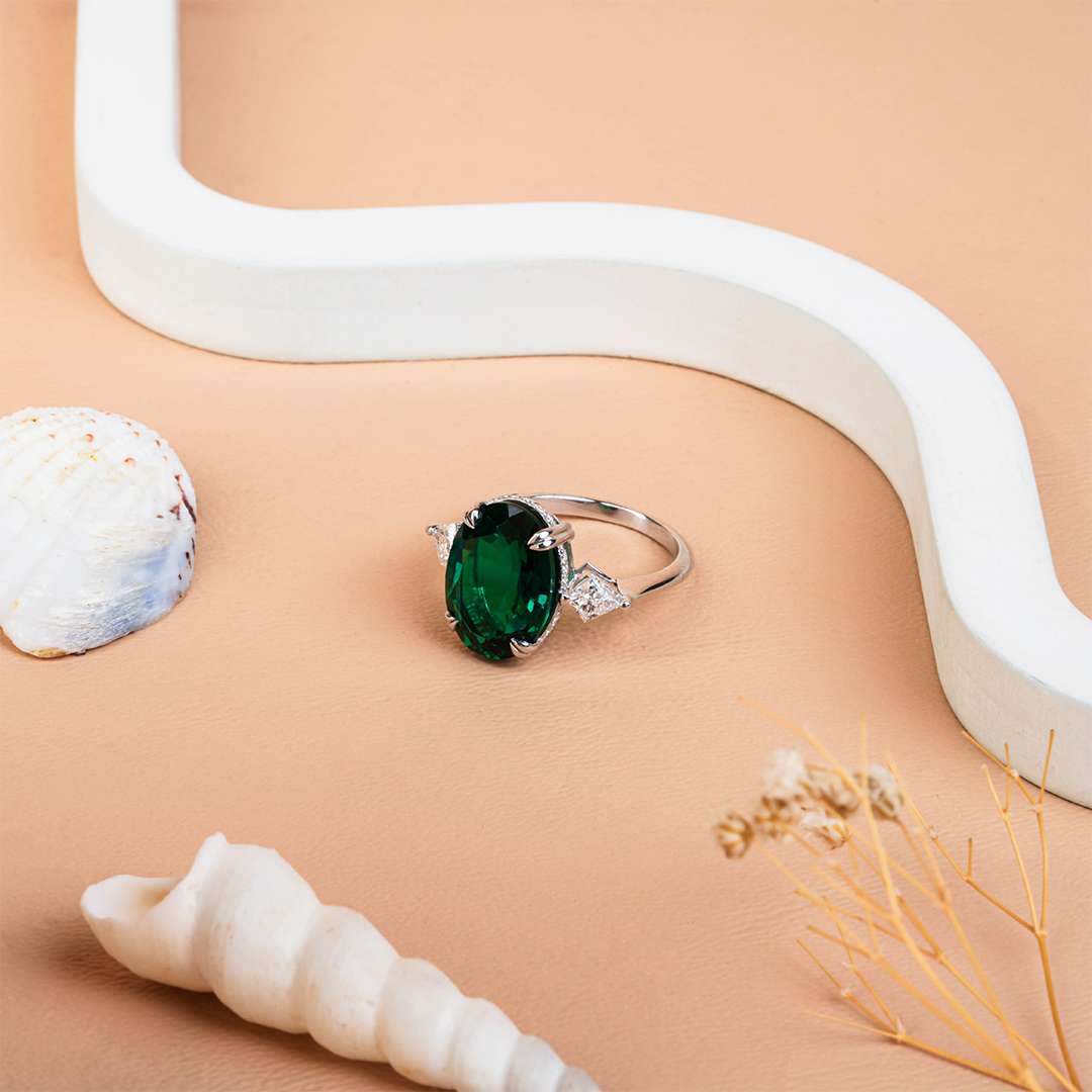 Oval & Kite Shape Emerald Hidden Halo Ring for Engagement