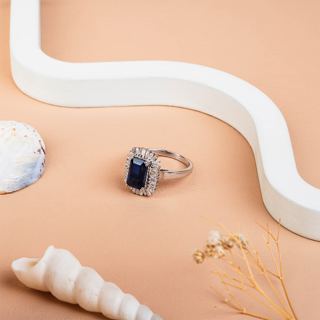 Emerald Cut blue sapphire Halo Diamond engagement Ring