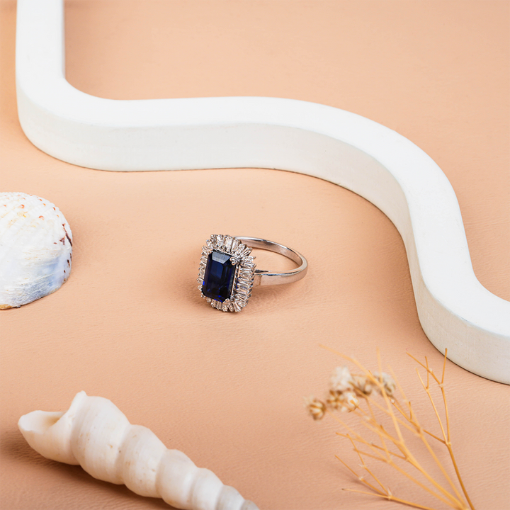 Emerald Cut blue sapphire Halo Diamond engagement Ring