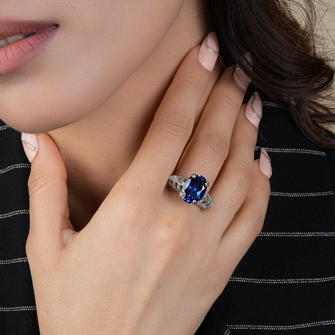 Royal Blue Sapphire Oval with Bugatti diamond Wedding Band