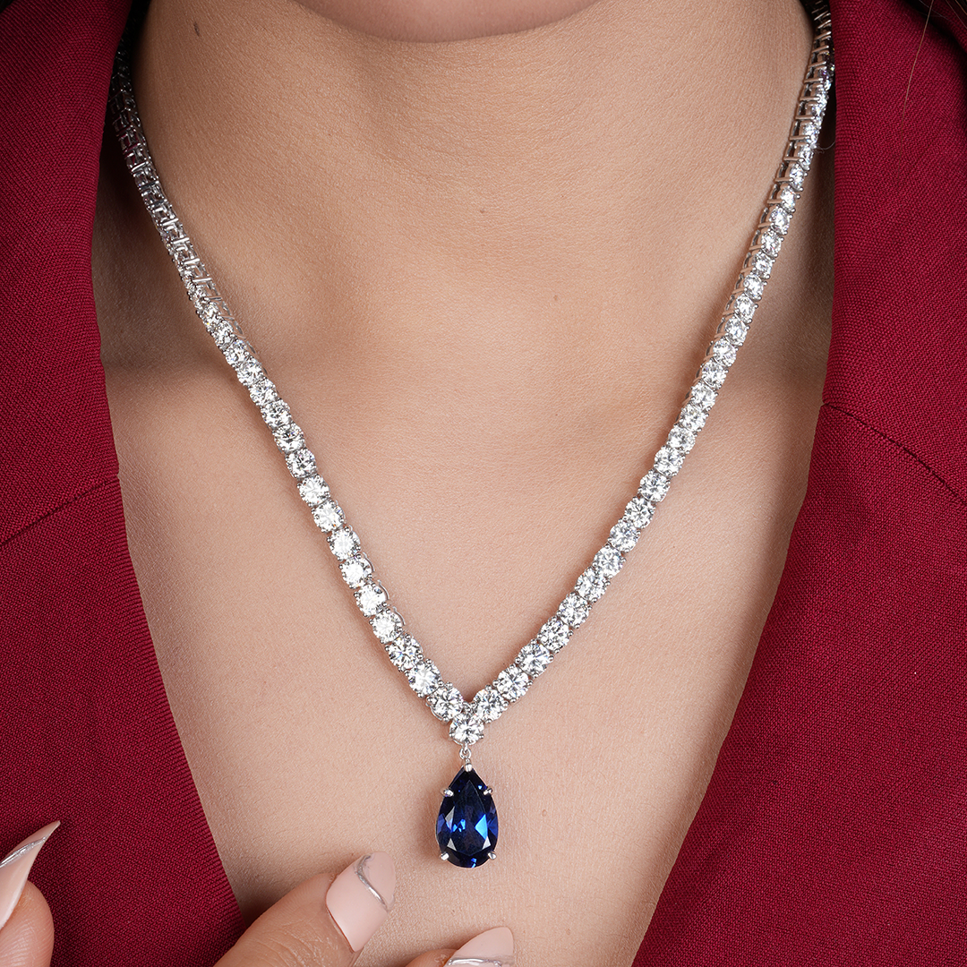 Round Diamonds Sapphire Blue Pear Drop Tennis Necklace