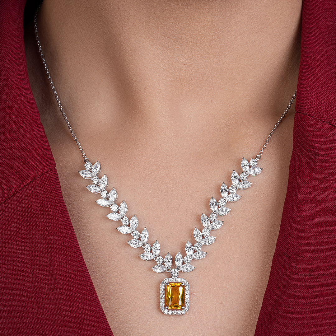 Radiant Cut Citrine with Marquise Leafy Diamond Necklace