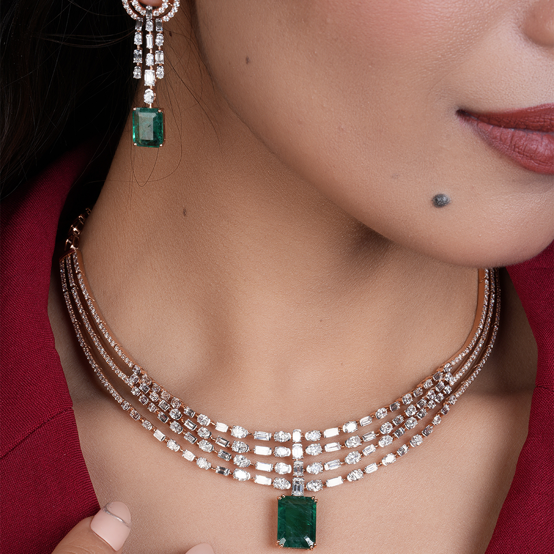 Royal Emerald with Multishape Layered Diamond Necklace