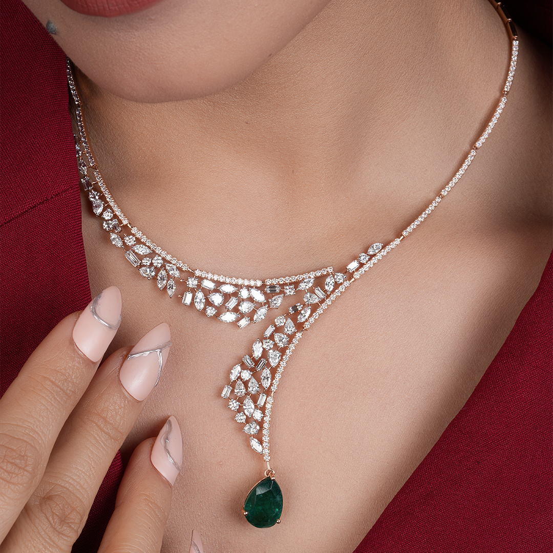 The Emerald Pear Grandeur Necklace with Multi-Cut Diamond Detailing