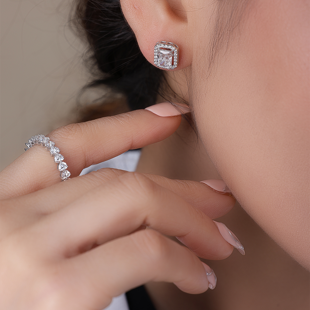 Radiant Cut Halo Lab Grown Diamond Stud Earring