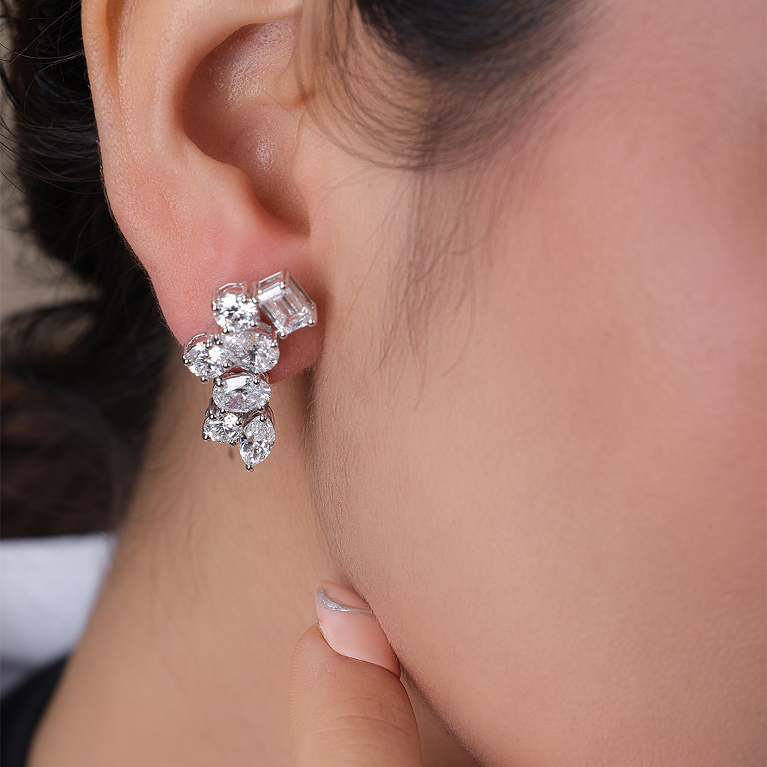 Pear & Marquise Shaped Yellow & White Diamond Flower Stud Earrings