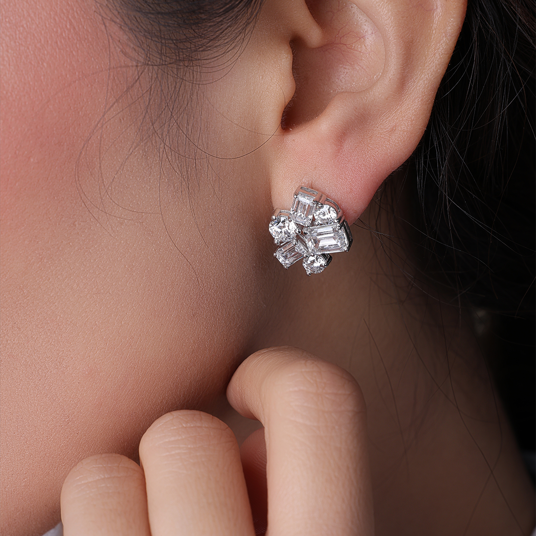 Emerald Cut and Round Diamond Stud Earrings