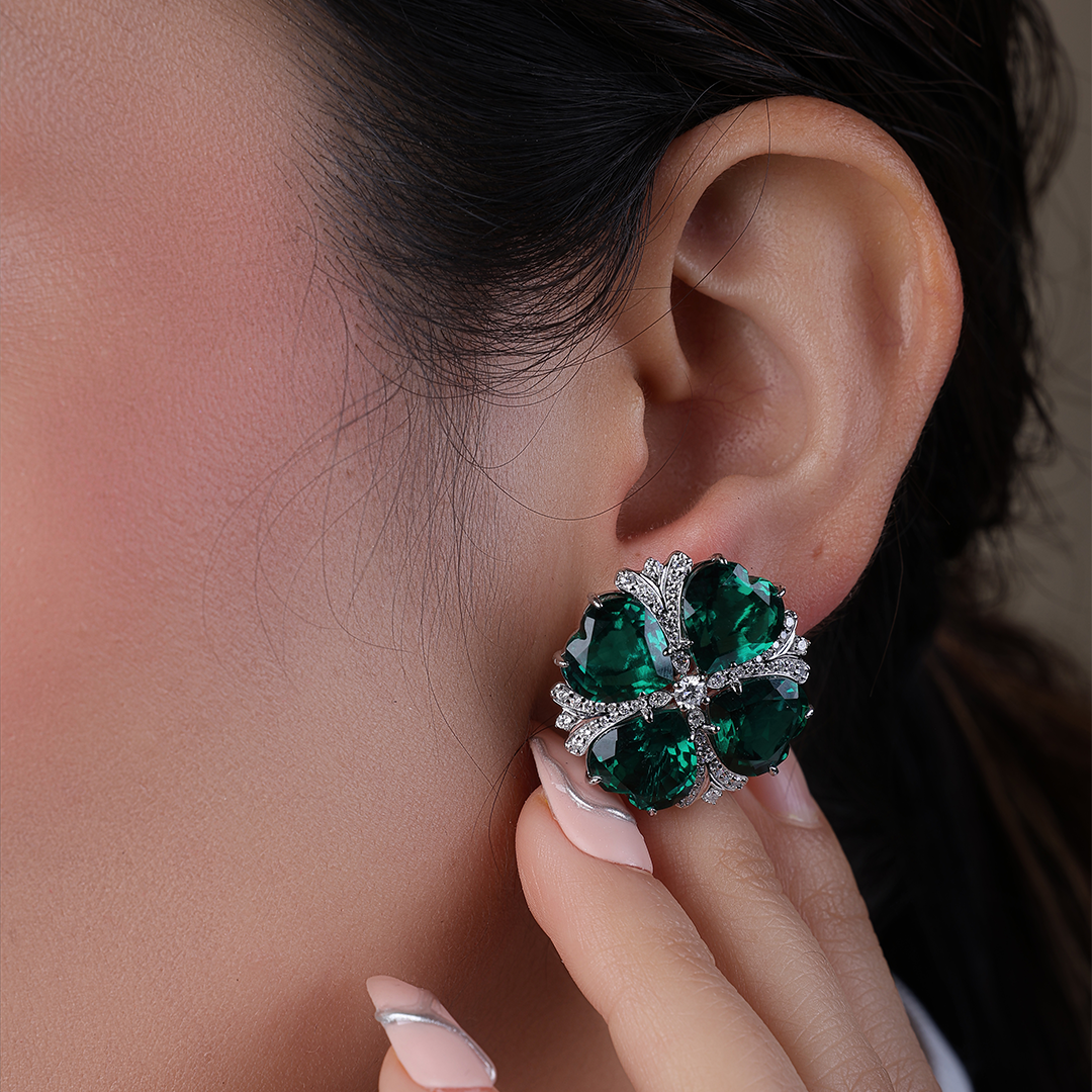 Heart-Shaped Lab-Created Emerald & Clover Earrings