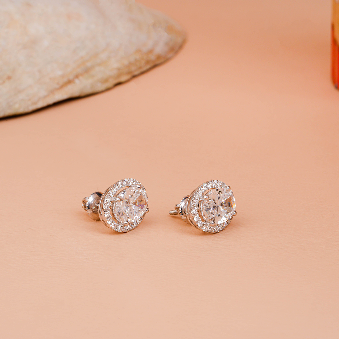 Oval Cut Halo Solitaire Diamond Stud Earrings
