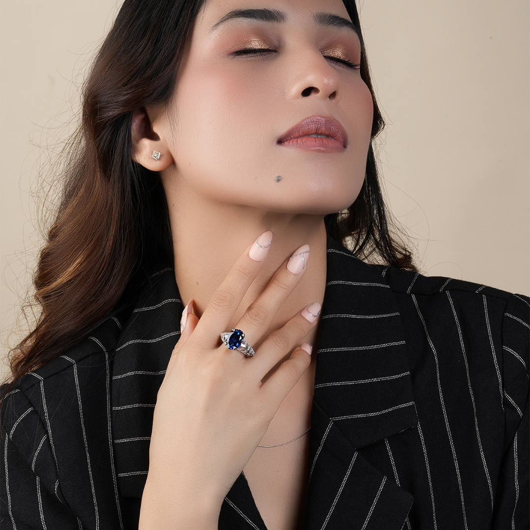 Royal Blue Sapphire Oval with Bugatti diamond Wedding Band