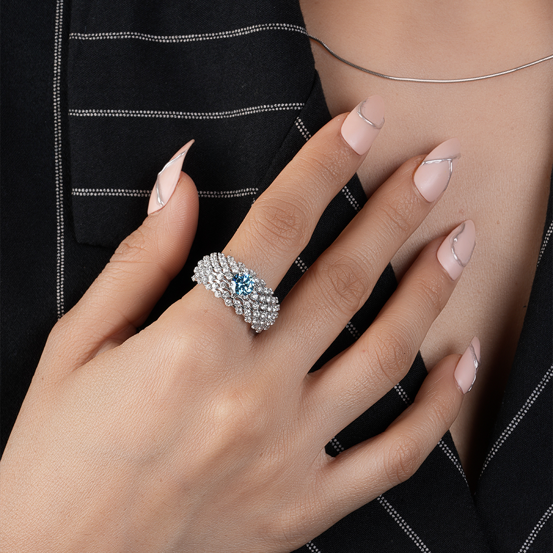 Swiss Blue Round Cut Lab Diamond Cocktail Ring