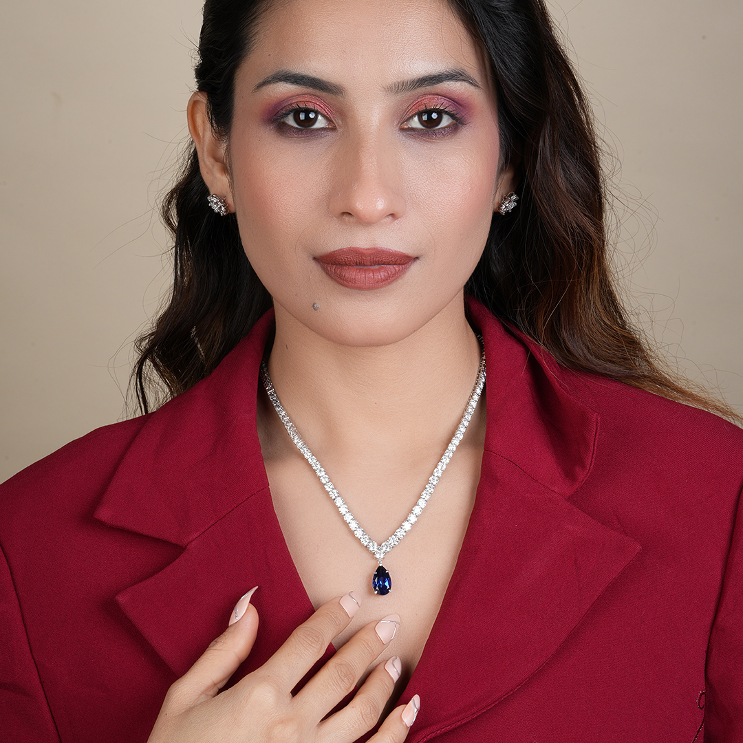 Round Diamonds Sapphire Blue Pear Drop Tennis Necklace