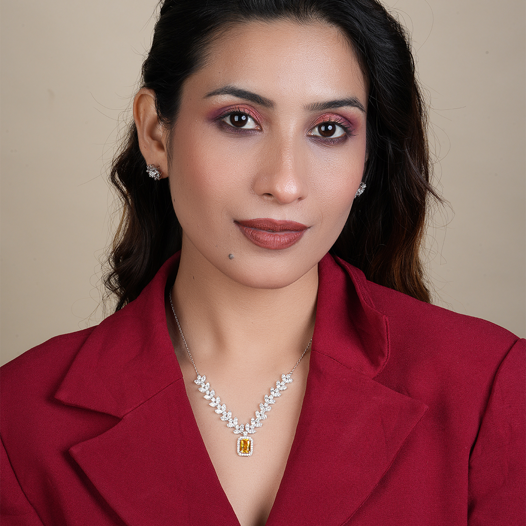 Radiant Cut Citrine with Marquise Leafy Diamond Necklace