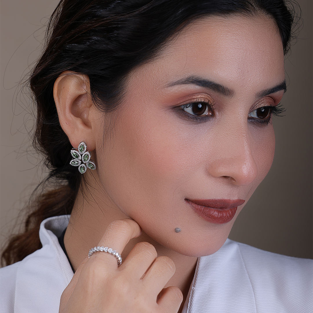 Green Marquise Floral Diamond Halo Earrings