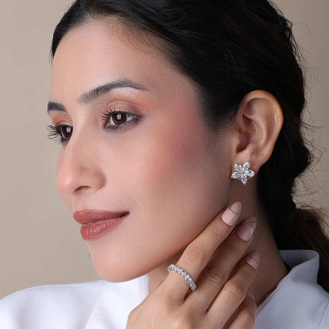 Pear & Marquise Shaped Lab Diamond Flower Stud Earrings