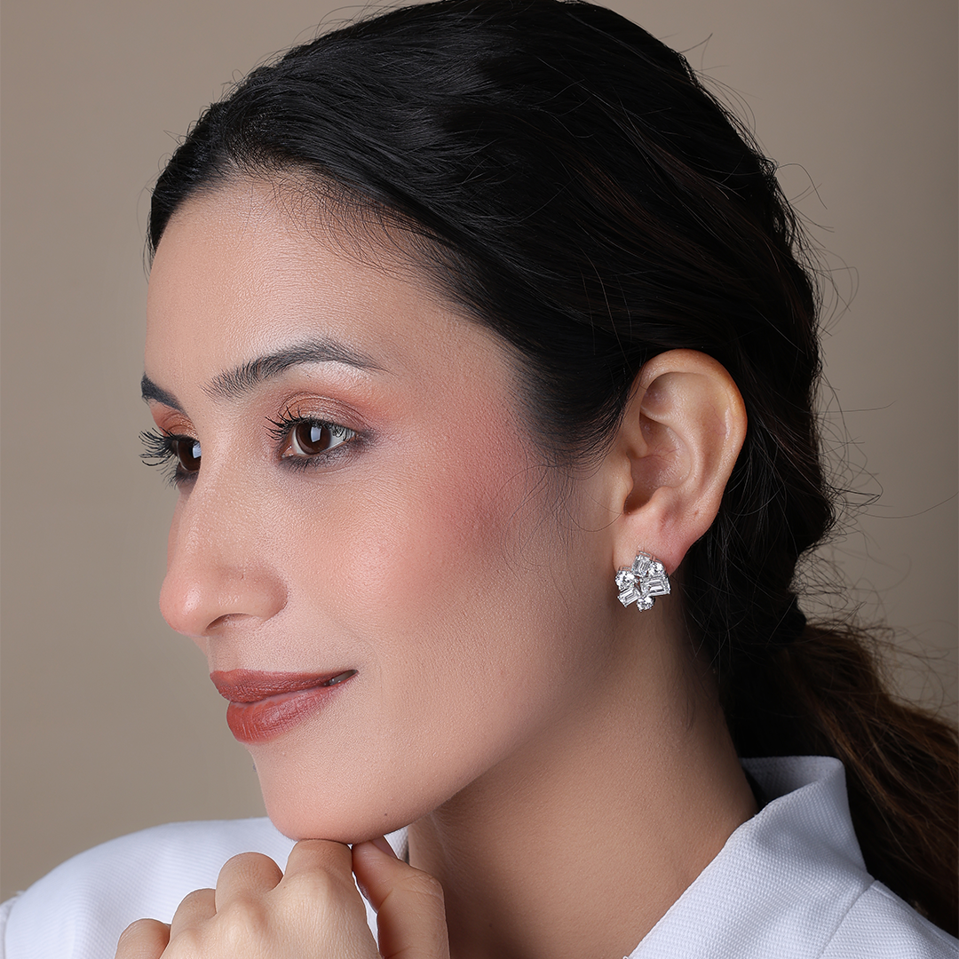 Emerald Cut and Round Diamond Stud Earrings