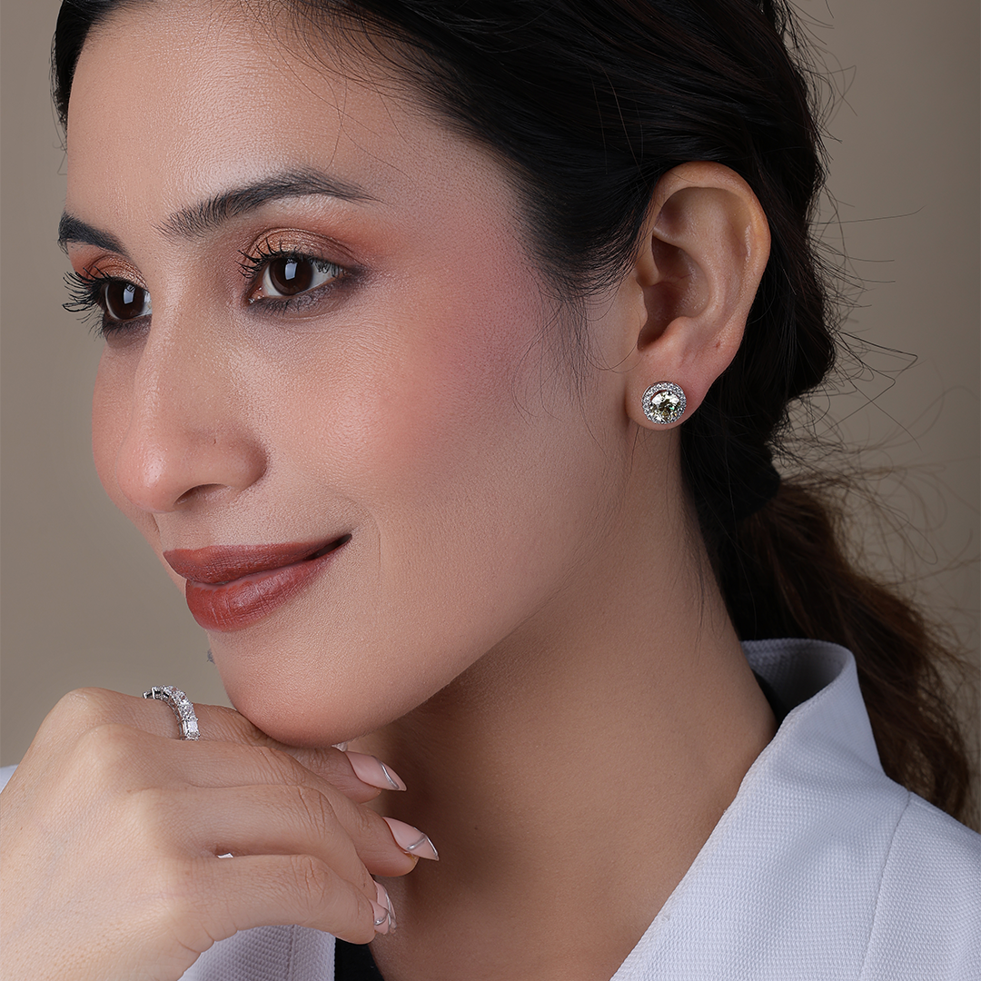 Round Cut Yellow Canary & White Diamond Halo Stud Earrings