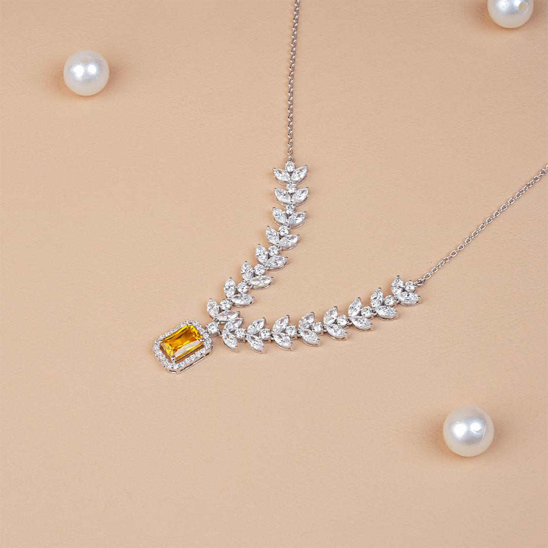 Radiant Cut Citrine with Marquise Leafy Diamond Necklace
