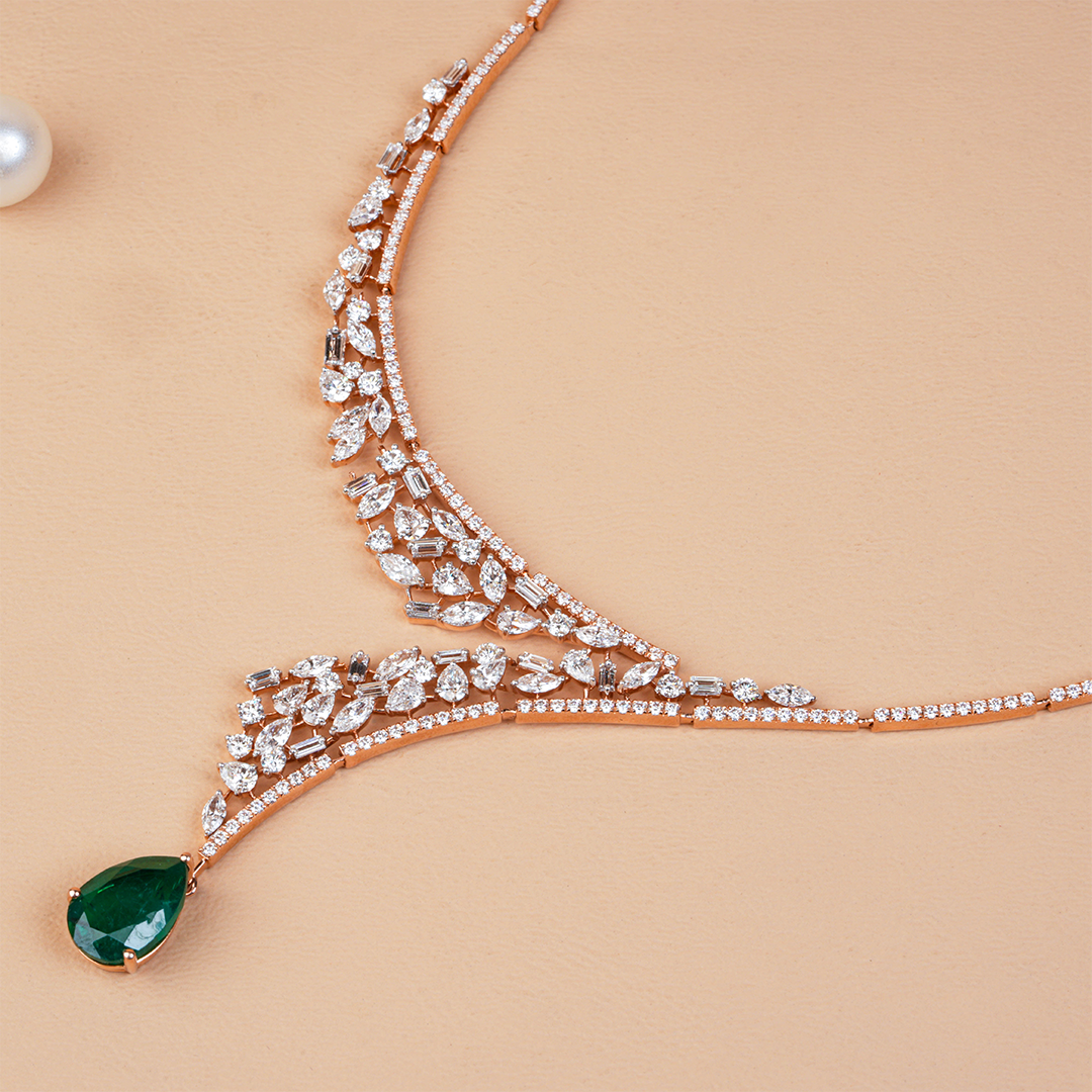 The Emerald Pear Grandeur Necklace with Multi-Cut Diamond Detailing