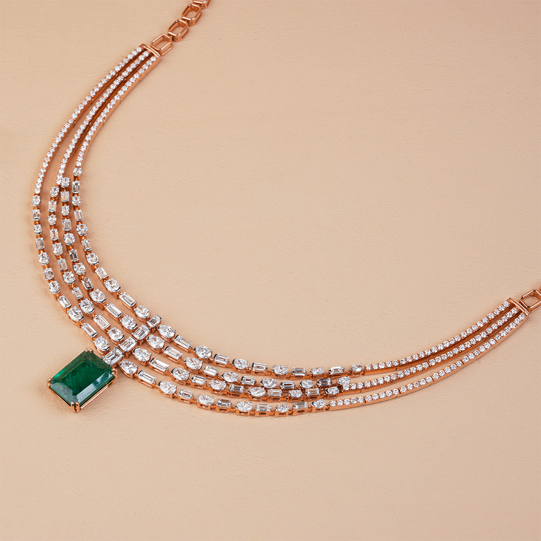 Royal Emerald with Multishape Layered Diamond Necklace