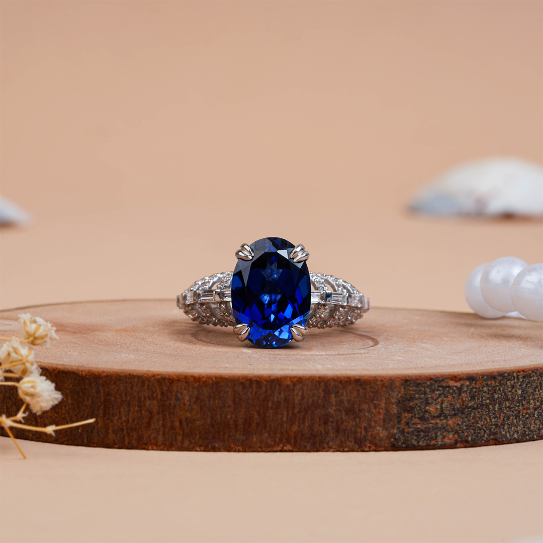 Royal Blue Sapphire Oval with Bugatti diamond Wedding Band