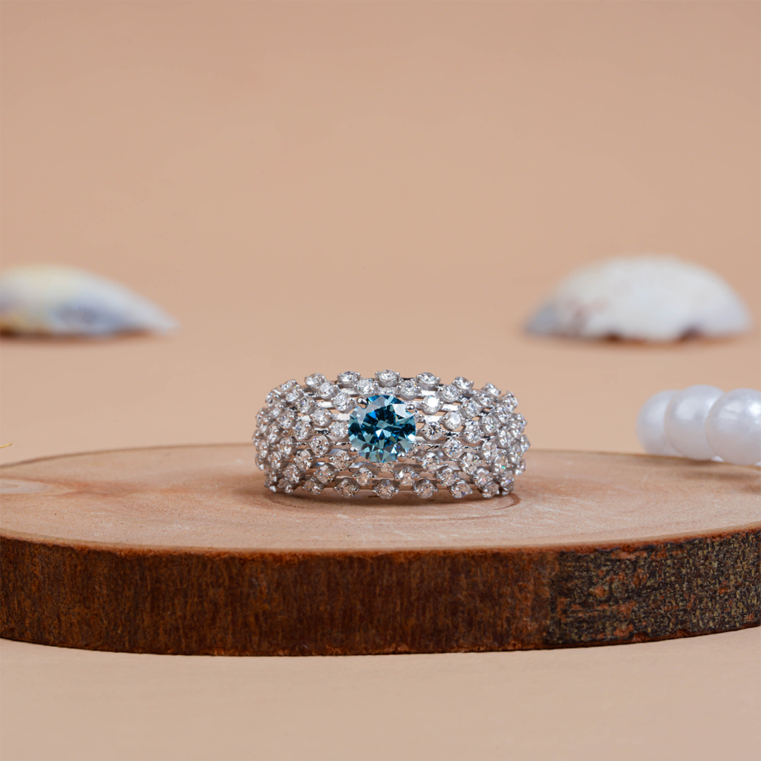Swiss Blue Round Cut Lab Diamond Cocktail Ring