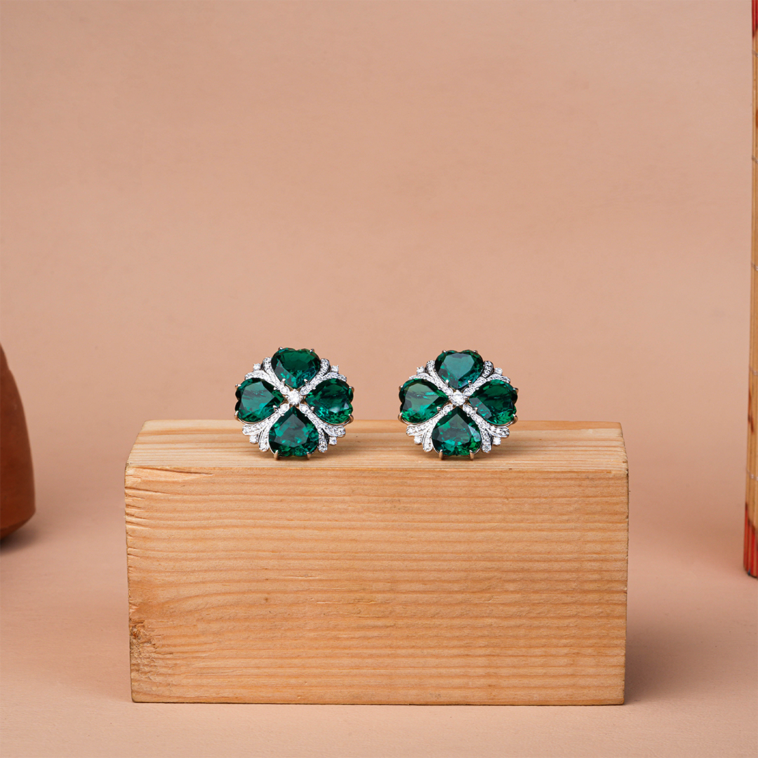 Heart-Shaped Lab-Created Emerald & Clover Earrings
