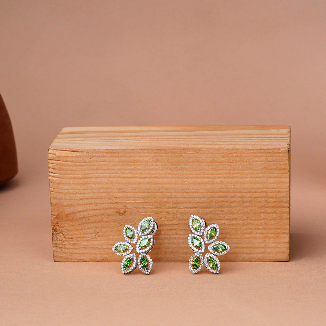 Green Marquise Floral Diamond Halo Earrings