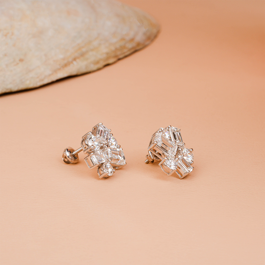 Emerald Cut and Round Diamond Stud Earrings